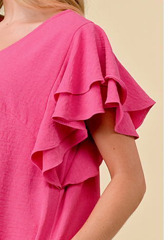 Hot Pink Leopard Jacquard Dress w/Double Ruffle Sleeves and Pockets FINAL SALE