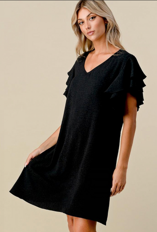 Black Leopard Jacquard Dress w/Double Ruffle Sleeves and Pockets
