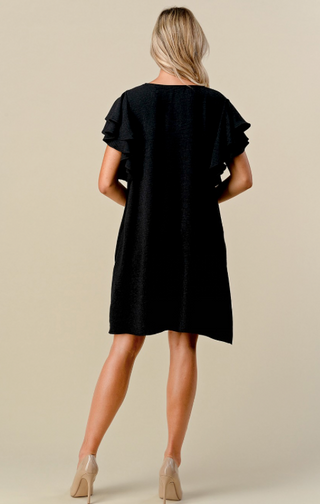 Black Leopard Jacquard Dress w/Double Ruffle Sleeves and Pockets
