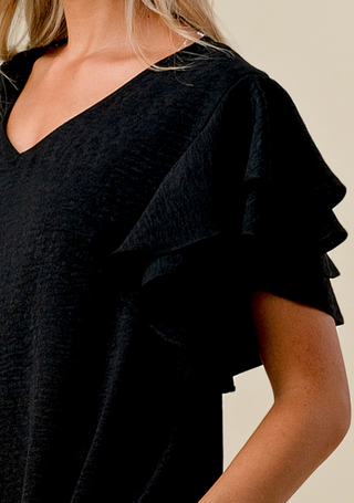 Black Leopard Jacquard Dress w/Double Ruffle Sleeves and Pockets