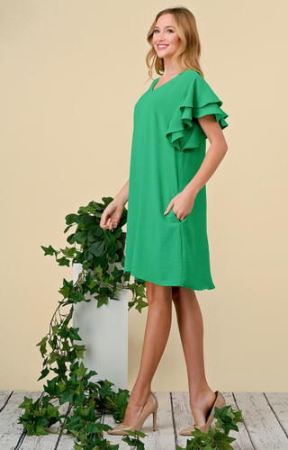 Green Leopard Jacquard Dress w/Double Ruffle Sleeves and Pockets FINAL SALE