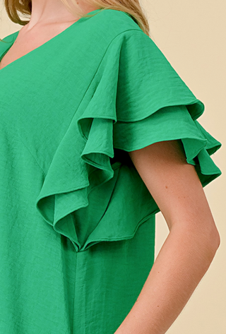 Green Leopard Jacquard Dress w/Double Ruffle Sleeves and Pockets FINAL SALE