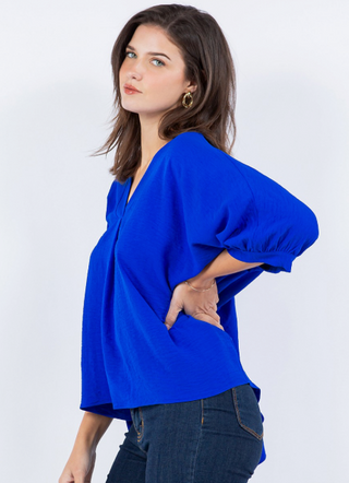 Royal Blue Wide V-Neck Short Sleeve Top
