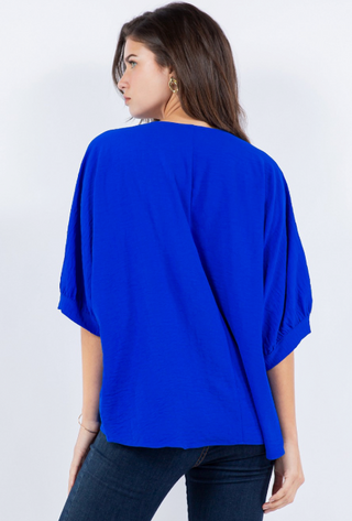 Royal Blue Wide V-Neck Short Sleeve Top