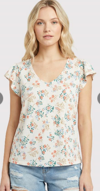 Cream Floral V-Neck Jersey Top Final Sale