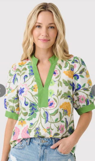 Green Mandarin Split Neck Puff Sleeve Top FINAL SALE
