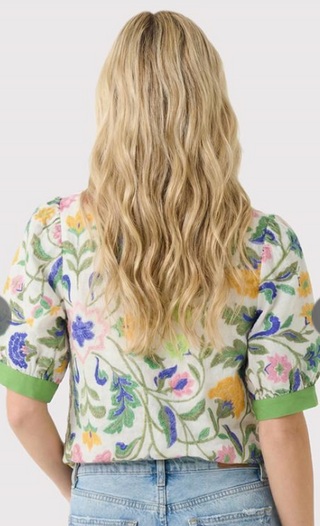 Green Mandarin Split Neck Puff Sleeve Top FINAL SALE