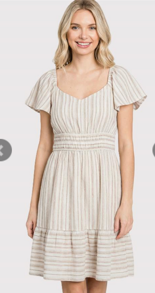 Taupe V-Neck Flutter Sleeve Striped Linen Dress