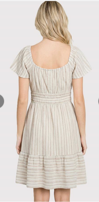 Taupe V-Neck Flutter Sleeve Striped Linen Dress
