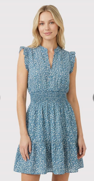 Dusty Teal Split Neck Dress w/ Smocked Waist FINAL SALE