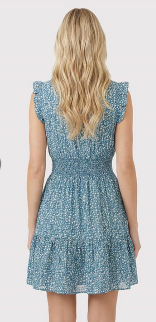 Dusty Teal Split Neck Dress w/ Smocked Waist FINAL SALE