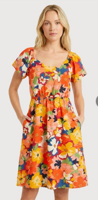 Navy/Yellow Floral Printed V-Neck Dress w/ Pockets FINAL SALE