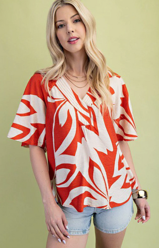 Curvy Orange Mix Leaf Print V-Neck Top