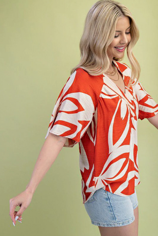Curvy Orange Mix Leaf Print V-Neck Top