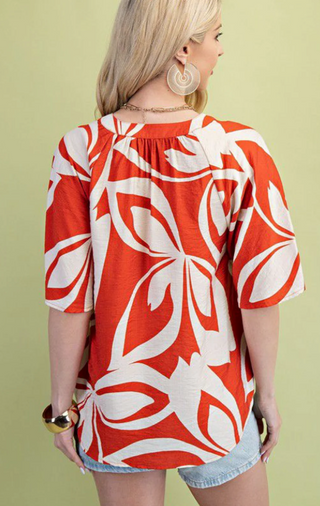 Curvy Orange Mix Leaf Print V-Neck Top