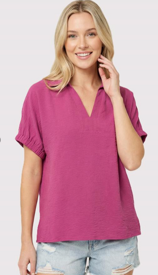 Dark Fuchsia Collared Short Sleeve Top FINAL SALE