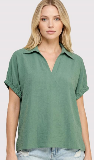 Olive Collared Short Sleeve Top
