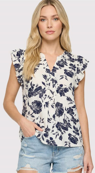 Navy V-Neck Ruffle Sleeve Top FINAL SALE