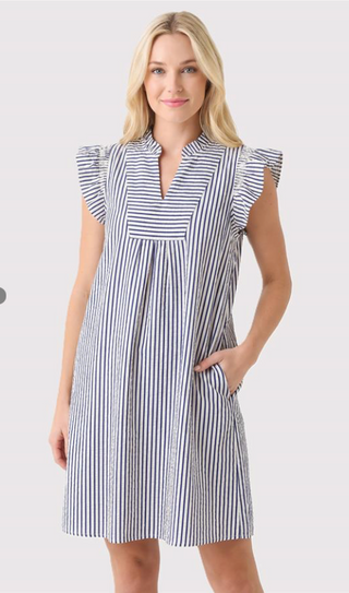 NAVY SMOCKED RUFFLE SLEEVE, STRIPED SEERSUCKER DRESS WITH SIDE POCKETS FINAL SALE