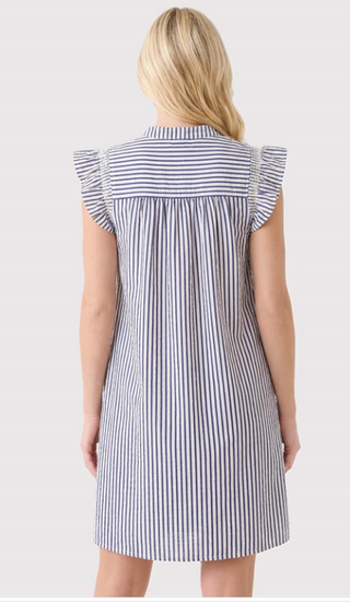 NAVY SMOCKED RUFFLE SLEEVE, STRIPED SEERSUCKER DRESS WITH SIDE POCKETS FINAL SALE