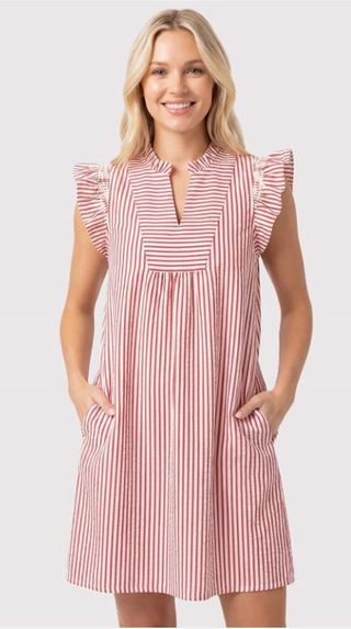RED SMOCKED RUFFLE SLEEVE, STRIPED SEERSUCKER DRESS WITH SIDE POCKETS Final Sale