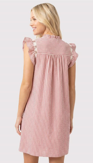 RED SMOCKED RUFFLE SLEEVE, STRIPED SEERSUCKER DRESS WITH SIDE POCKETS Final Sale