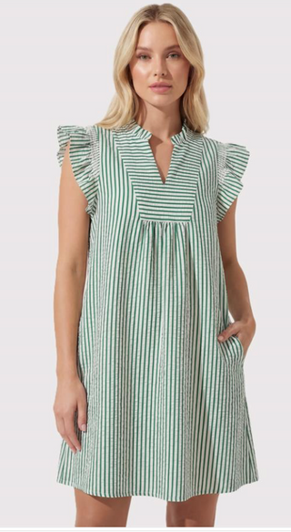 GREEN SMOCKED RUFFLE SLEEVE, STRIPED SEERSUCKER DRESS WITH SIDE POCKETS FINAL SALE