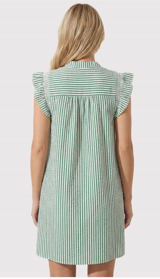 GREEN SMOCKED RUFFLE SLEEVE, STRIPED SEERSUCKER DRESS WITH SIDE POCKETS FINAL SALE