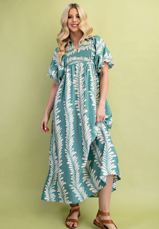 Curvy Dusty Mint Printed Short Puff Sleeve Midi Dress with a Smocked Front Yoke FINAL SALE
