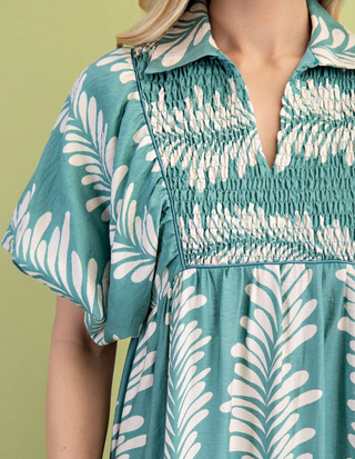 Curvy Dusty Mint Printed Short Puff Sleeve Midi Dress with a Smocked Front Yoke FINAL SALE