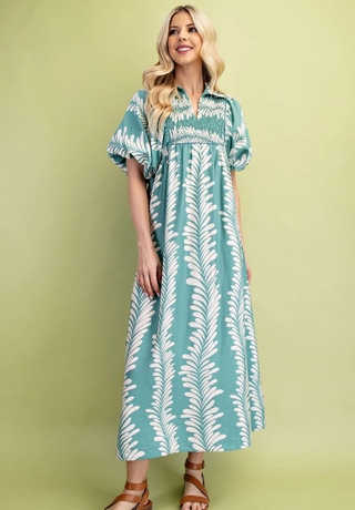 Curvy Dusty Mint Printed Short Puff Sleeve Midi Dress with a Smocked Front Yoke FINAL SALE