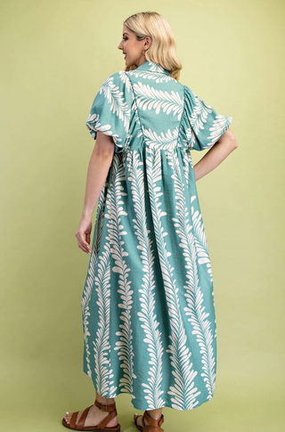 Curvy Dusty Mint Printed Short Puff Sleeve Midi Dress with a Smocked Front Yoke FINAL SALE