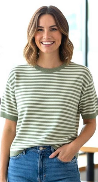 Sage Crewneck Half Sleeve Striped Waistline Length Sweater FINAL SALE