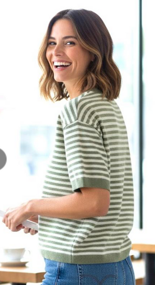 Sage Crewneck Half Sleeve Striped Waistline Length Sweater FINAL SALE
