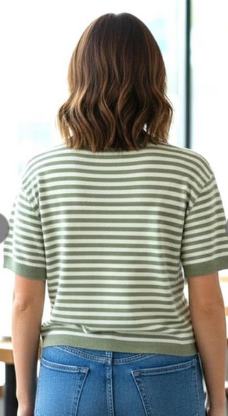 Sage Crewneck Half Sleeve Striped Waistline Length Sweater FINAL SALE