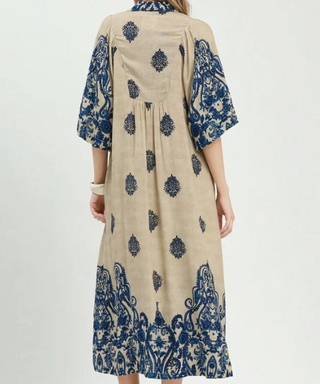 Curvy Navy Border Print Smocked Detail Midi Dress w/ Pockets
