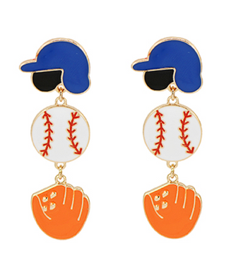 Baseball Theme Drop Earrings in Orange/White/Blue