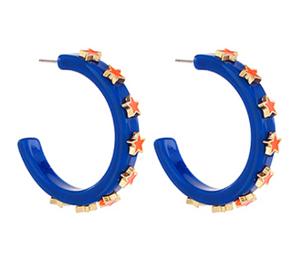 Trimmed Star Acetate Hoops in Orange/Blue
