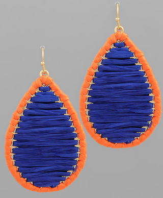 Raffia Teardrop Earrings in Blue/Orange