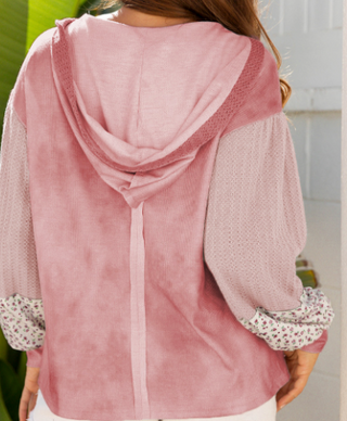 Pink Flower Patch Waffled Colorblock Hoodie