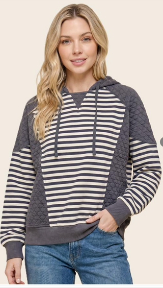 Grey Colorblock Striped Hoodie