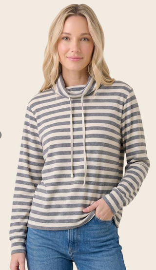 Heather Grey Drawstring Funnel Neck Hacci Striped Top