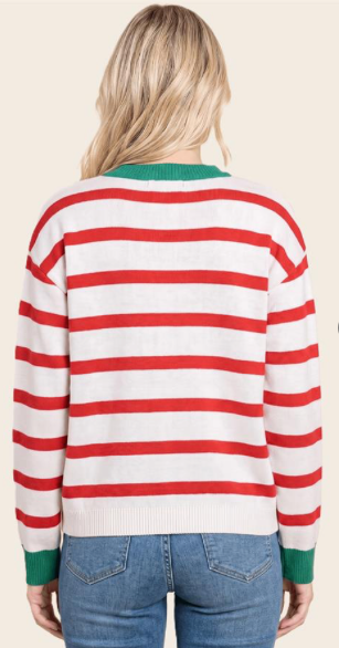 "Love, Peace, Joy" Striped Crewneck Sweater