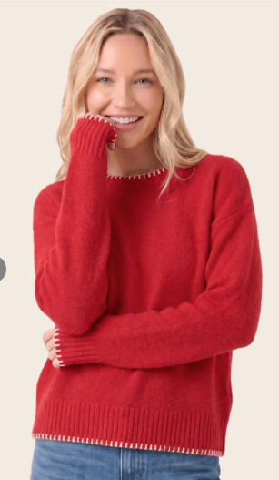 Red Blanket Stitched Fuzzy Sweater