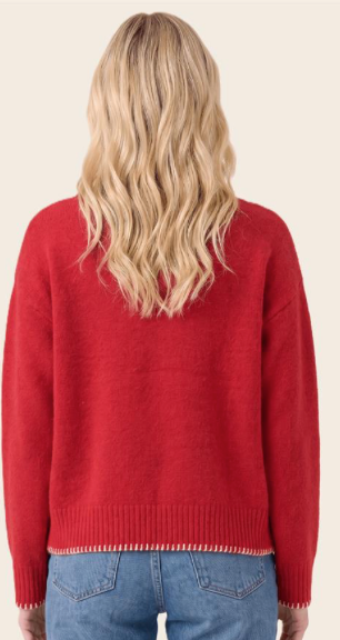 Red Blanket Stitched Fuzzy Sweater