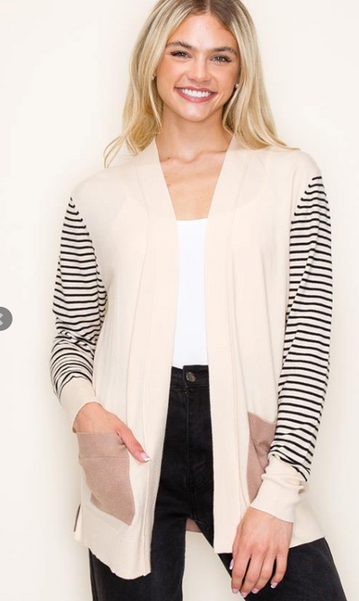 Taupe Striped Long Sleeve, Color Block, Open Front Cardigan