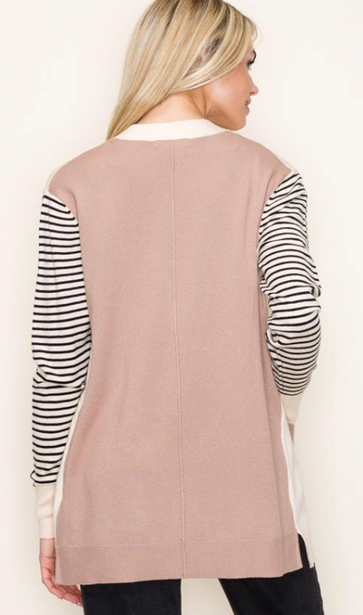 Taupe Striped Long Sleeve, Color Block, Open Front Cardigan