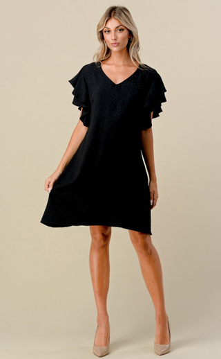 Black Leopard Jacquard Dress w/Double Ruffle Sleeves and Pockets