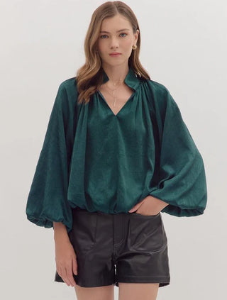 Hunter Green Balloon Sleeve V-Neck Top FINAL SALE