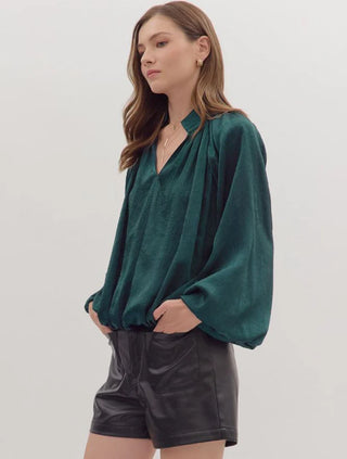 Hunter Green Balloon Sleeve V-Neck Top FINAL SALE